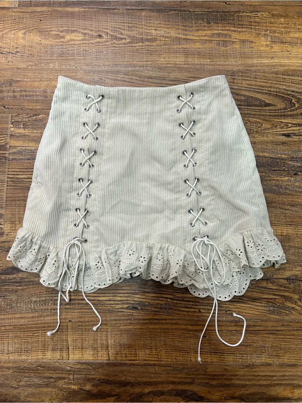 Coquette SHEIN Cream Tie-Up Corduroy Mini Skirt With Ruffles